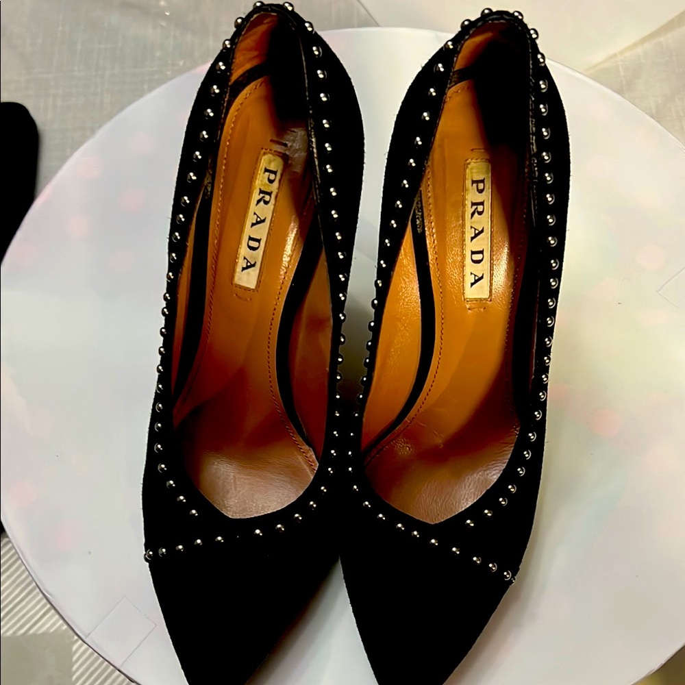 Prada Black Stiletto Heels with Lacy Cutout Design